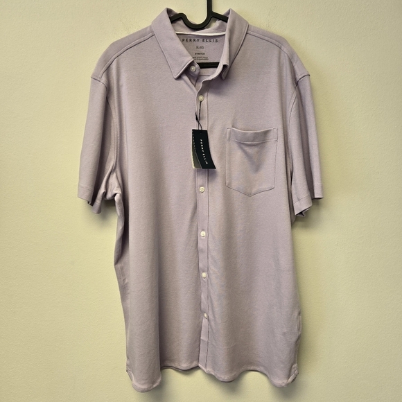 Perry Ellis Untucked Knit Button Down Shirt Orchid Petal Purple XL - Picture 1 of 7